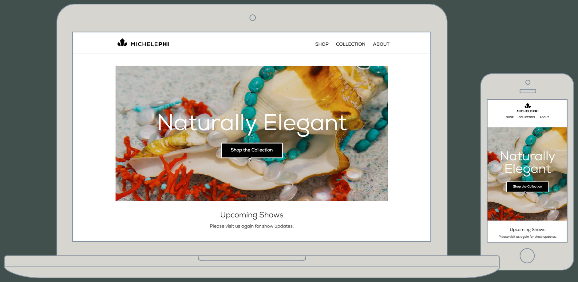 MichelePhi website shown on laptop and iPhone.